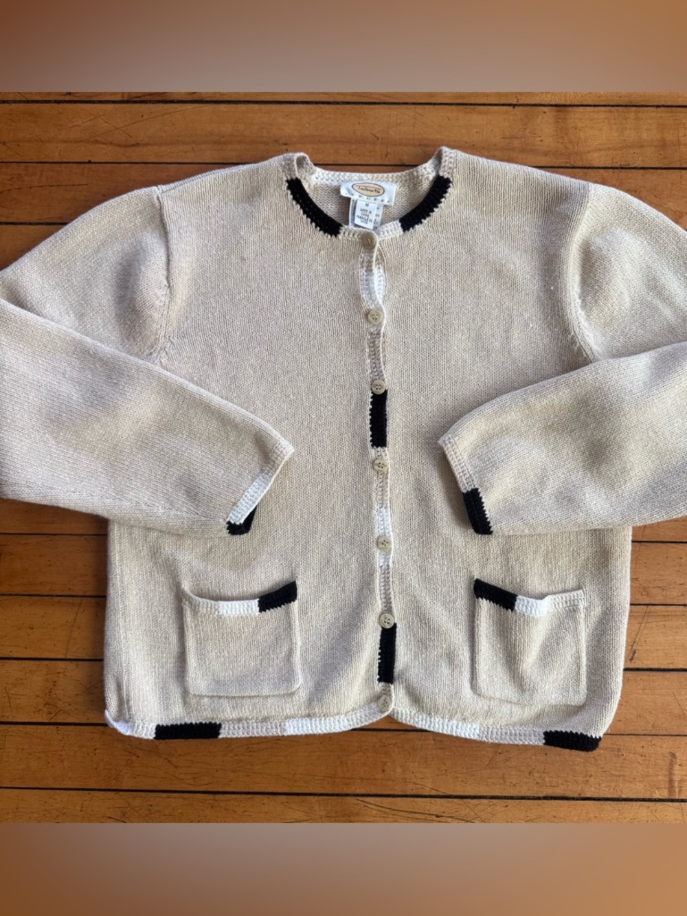 VTG Talbots cream with black white block trim button cardigan art cotton vintage